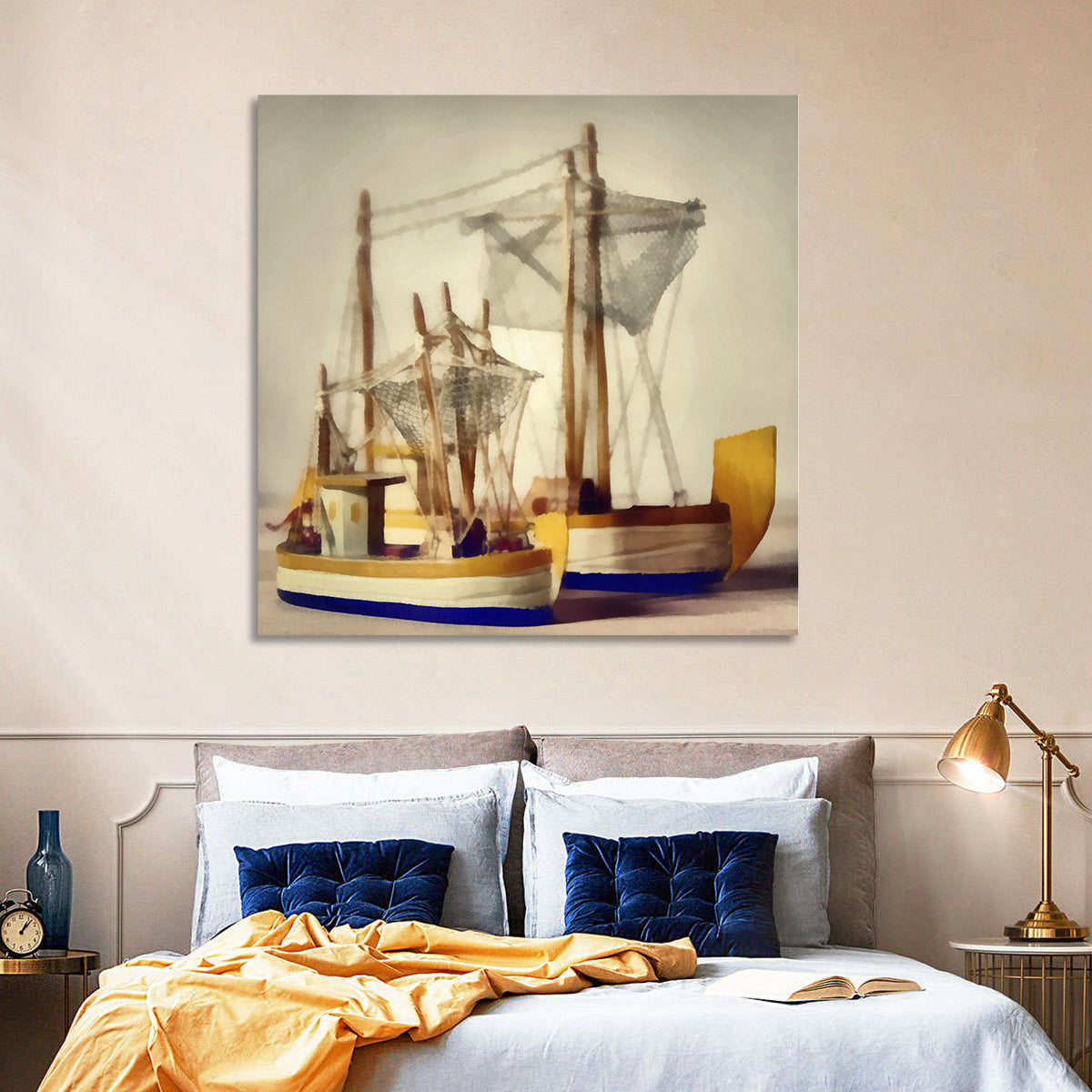 Two Watercolor Boats Wall Art in a room, square