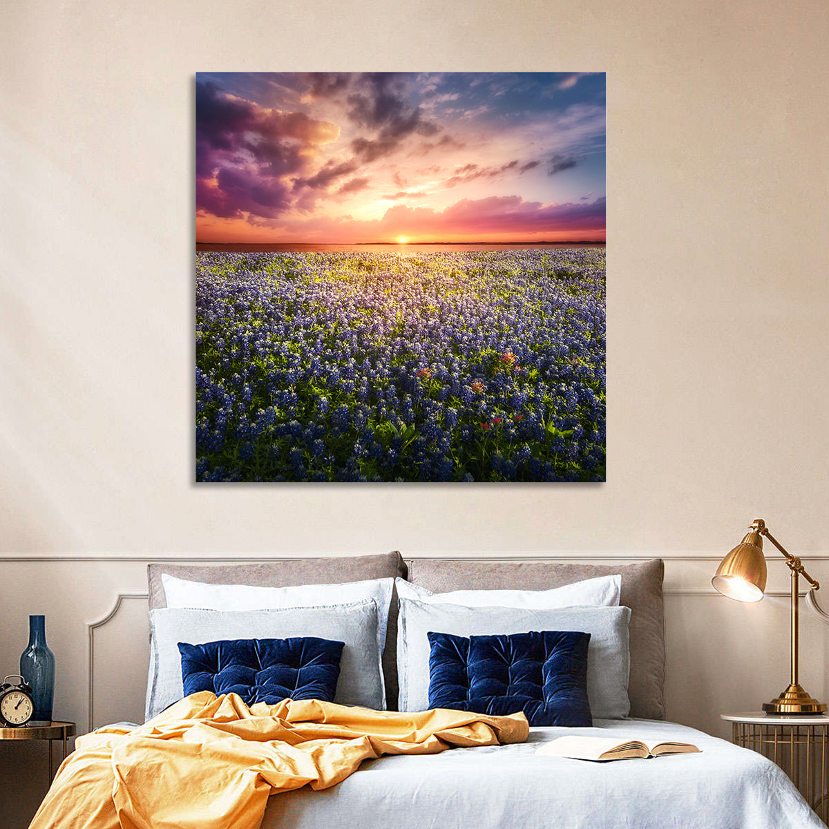 Texas Bluebonnet Sunset Wall Art in a room, square