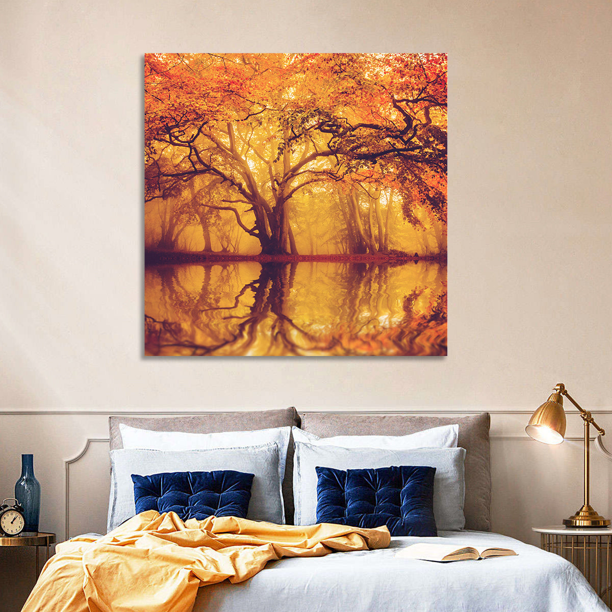 Golden Mist Forest Reflection Wall Art in a room, square