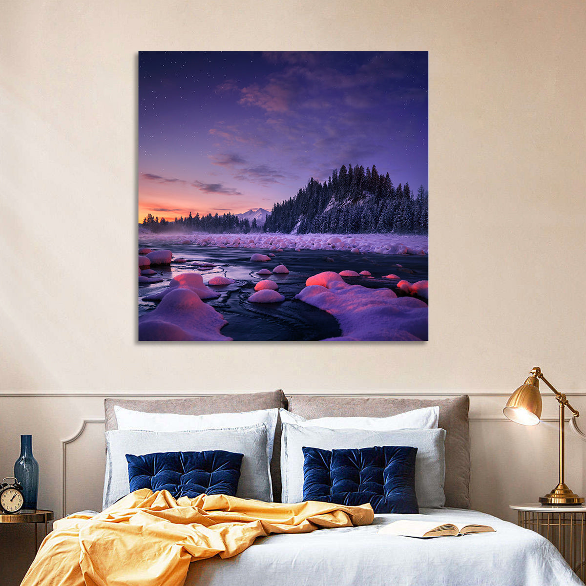 Twilight River and Snowy Pines Wall Art