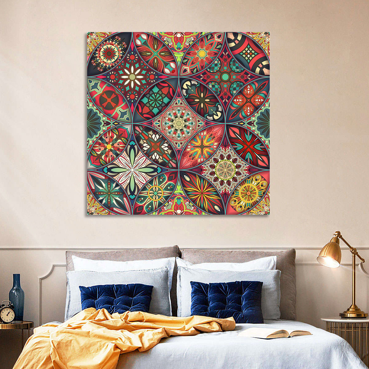 Vintage Mandala Tile Pattern Wall Art in a room, square