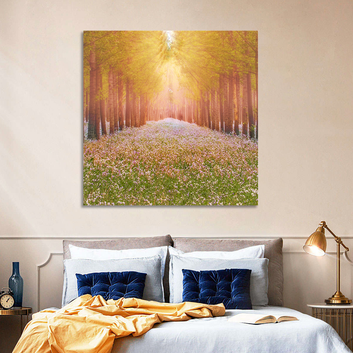 Golden Morning Forest Path Wall Art in a room, square