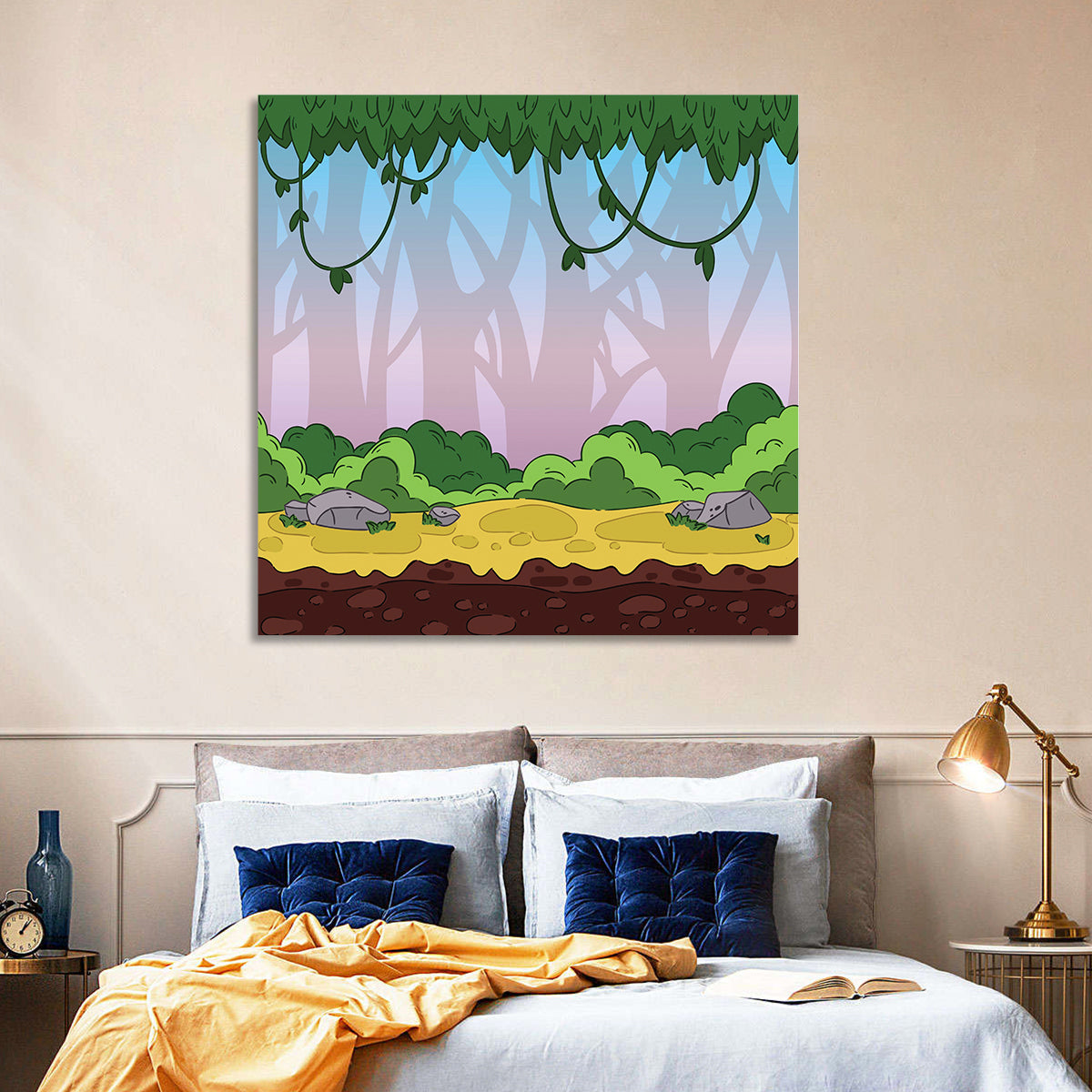 Playful Jungle Path Illustration Wall Art in a room, square