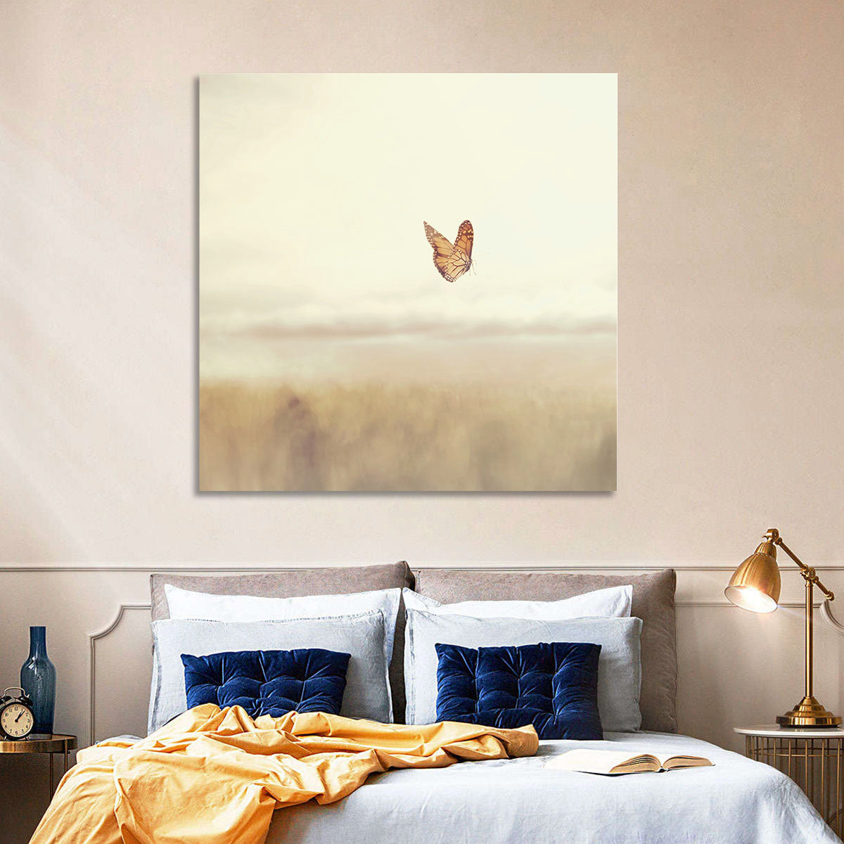 Monarch Over Beige Field Wall Art in a room, square