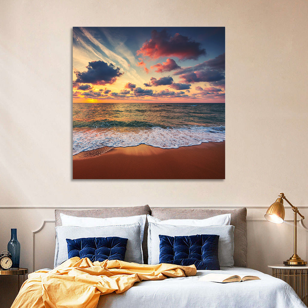 Golden Hour Beach Waves Under Cloudy Sky Wall Art