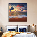 Golden Hour Beach Waves Under Cloudy Sky Wall Art