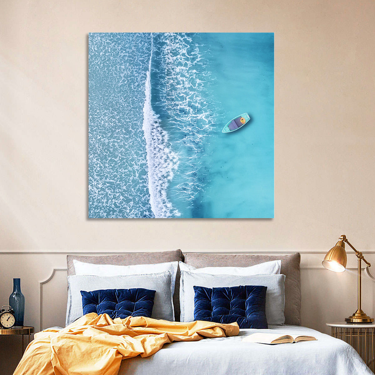 Lone Boat Over Turquoise Waves Wall Art