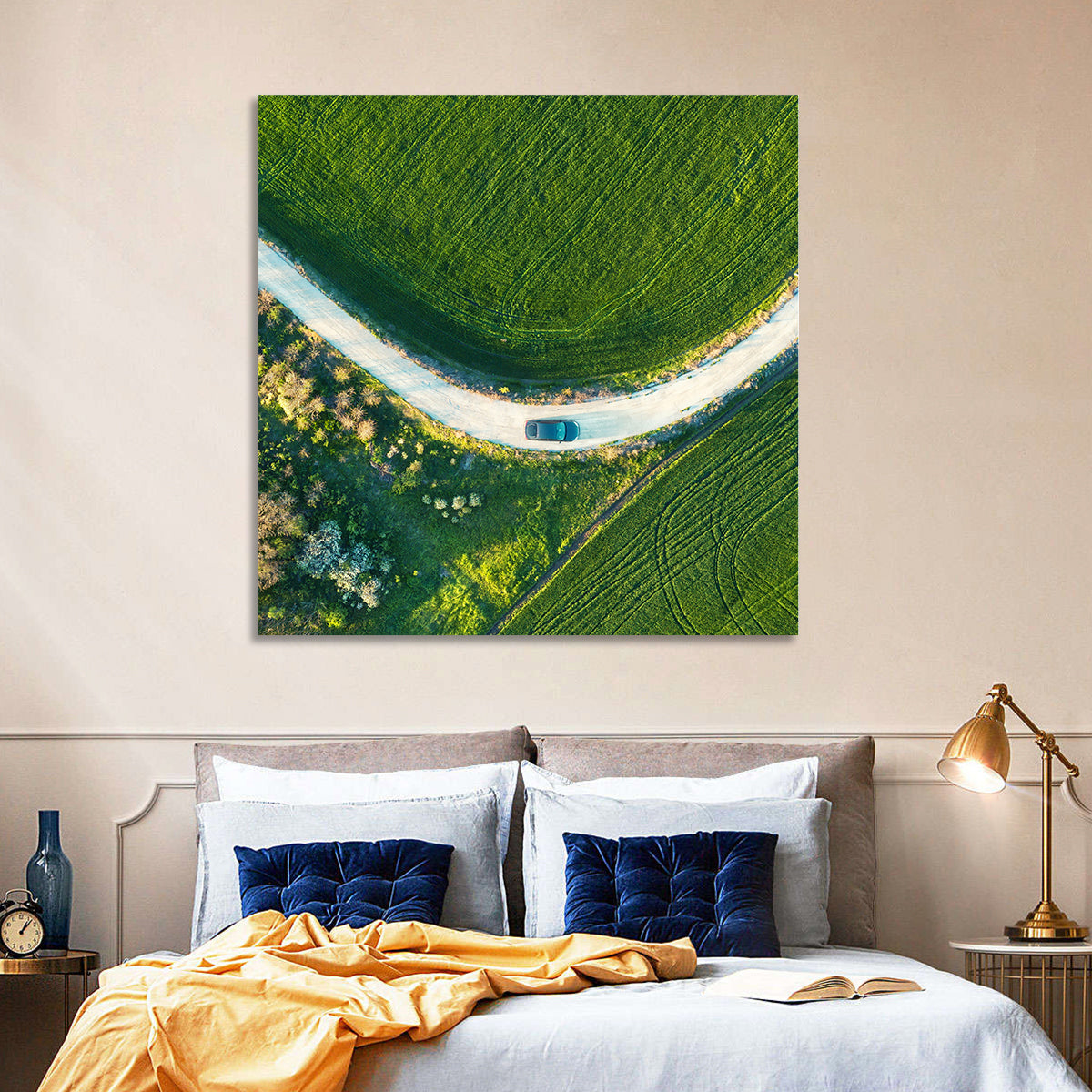 Aerial Farm Fields at Golden Hour Wall Art in a room, square