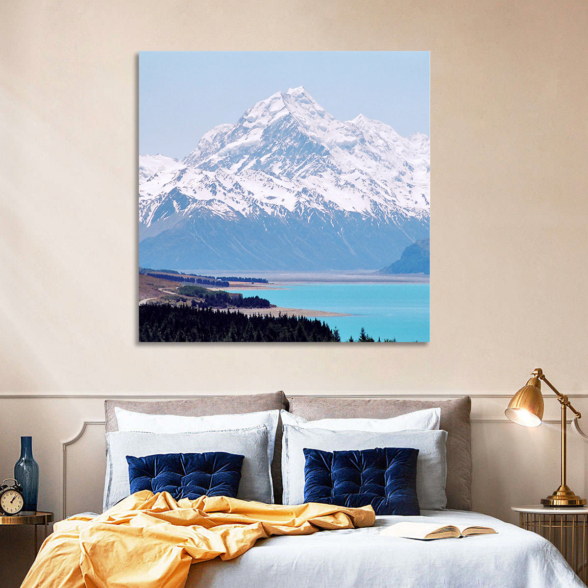 Lake Pukaki and Aoraki Mount Cook Wall Art in a room, square