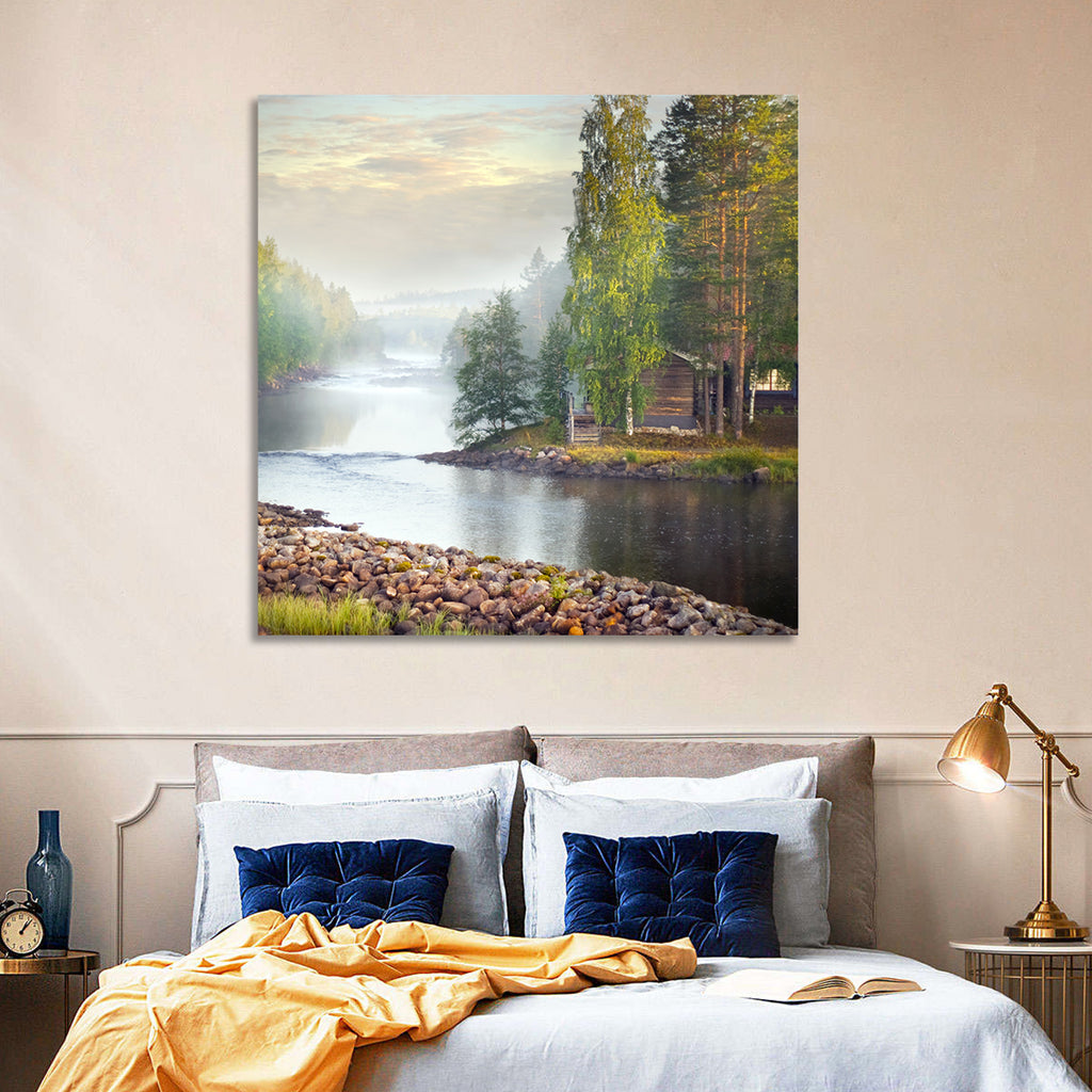Misty River with Red Roof Cabin Wall Art