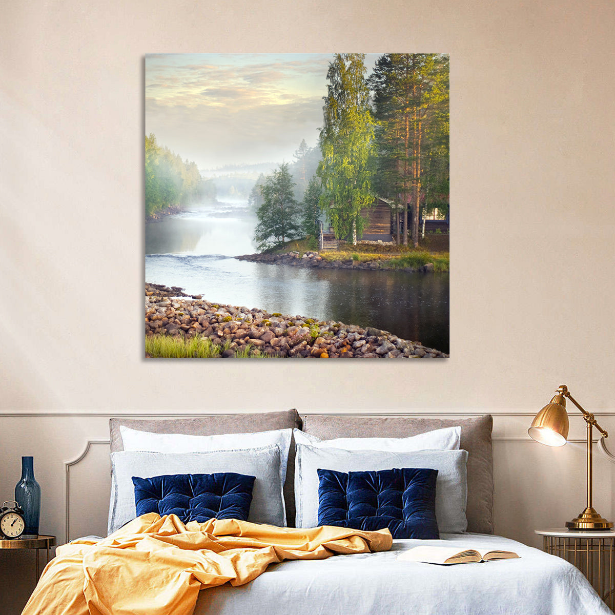 Misty River with Red Roof Cabin Wall Art in a room, square