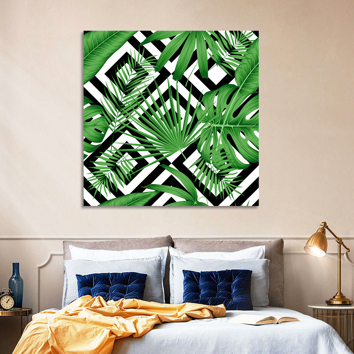 Tropical Geometric Leaves Pattern Wall Art in a room, square