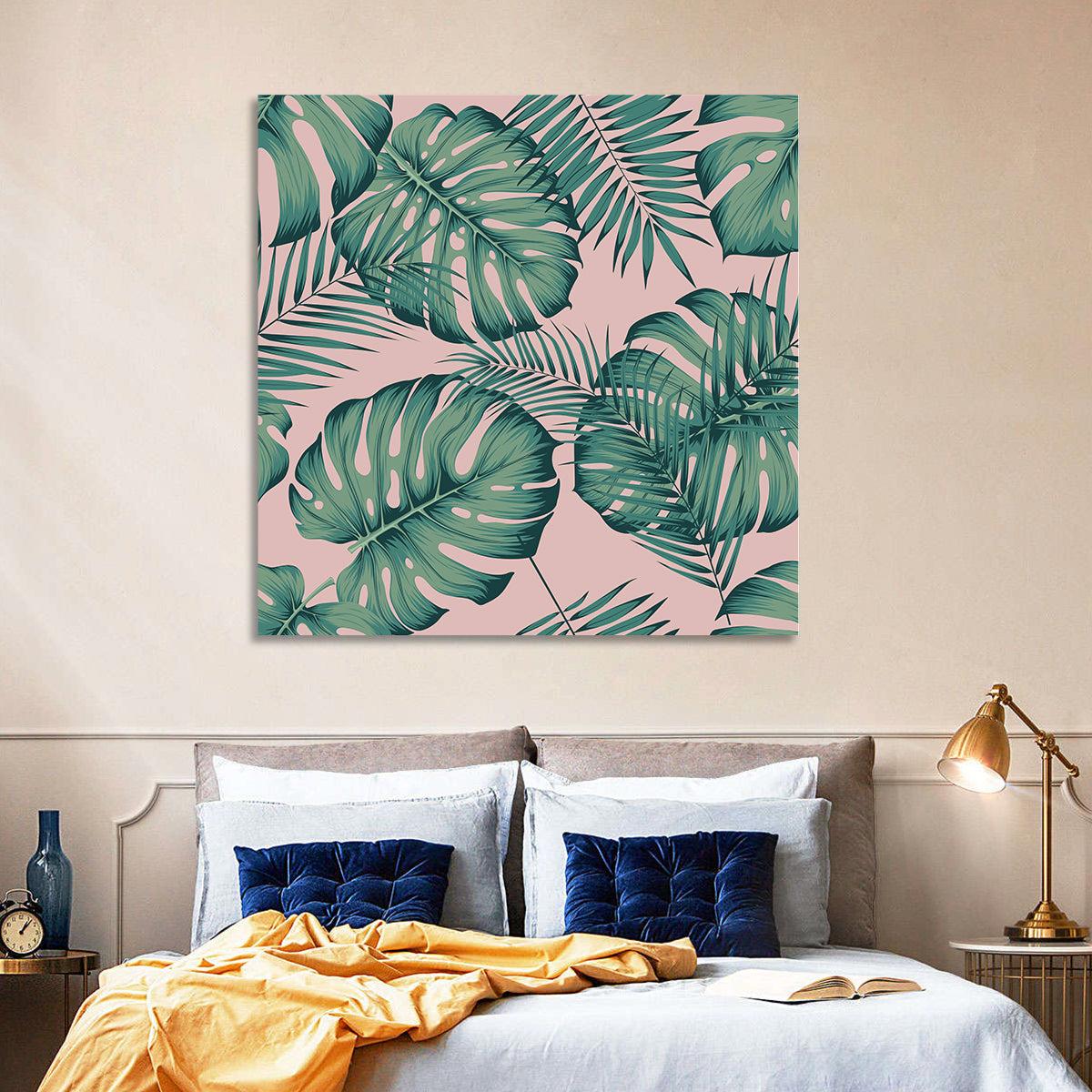 Areca Palm and Monstera Leaves Wall Art in a room, square