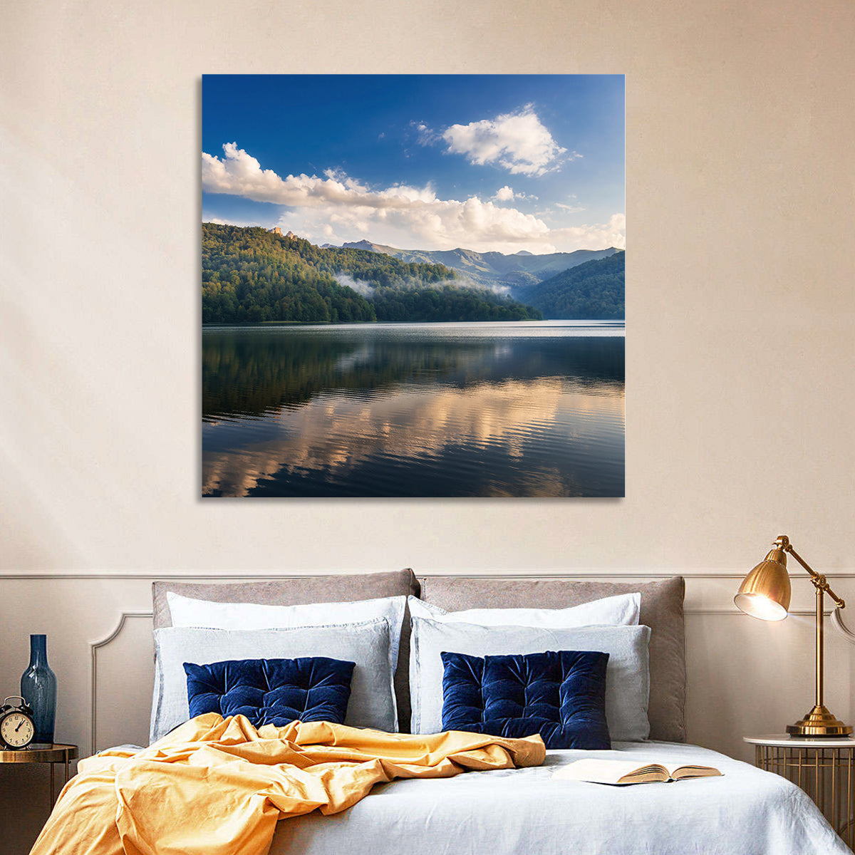 Golden Mist Mountain Lake Wall Art in a room, square