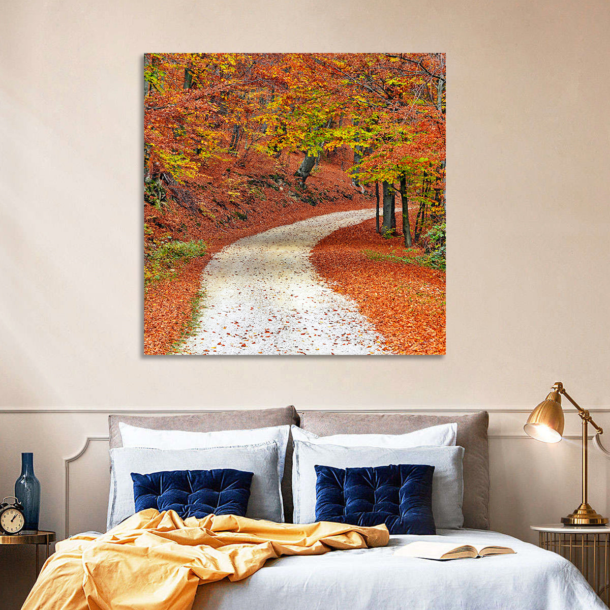 Misty Gravel Path Through Autumn Trees Wall Art in a room, square