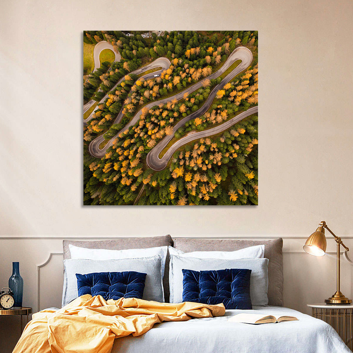 Aerial Curvy Forest Road Wall Art in a room, square