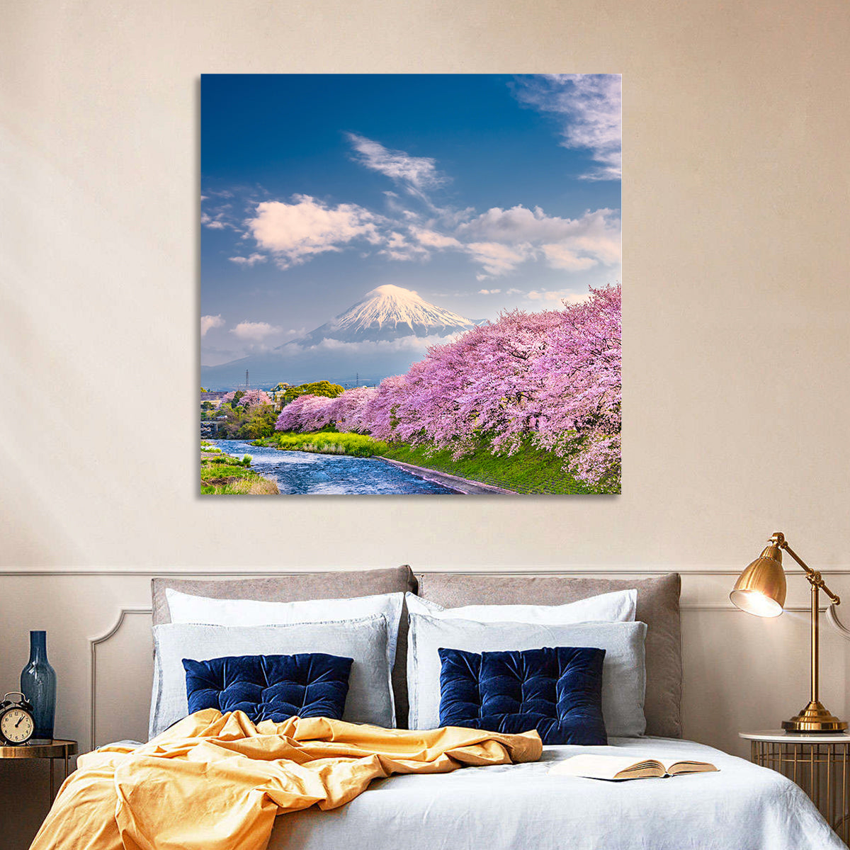 Mount Fuji Cherry Blossoms Wall Art in a room, square