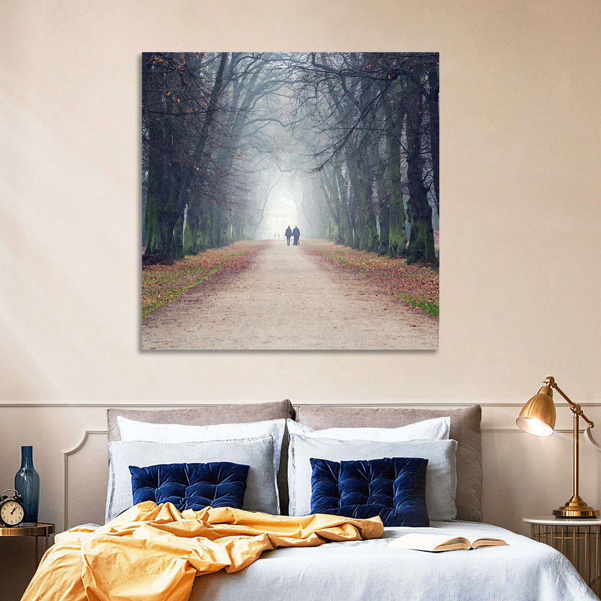 Foggy Tree Lined Walkway in Autumn Wall Art in a room, square