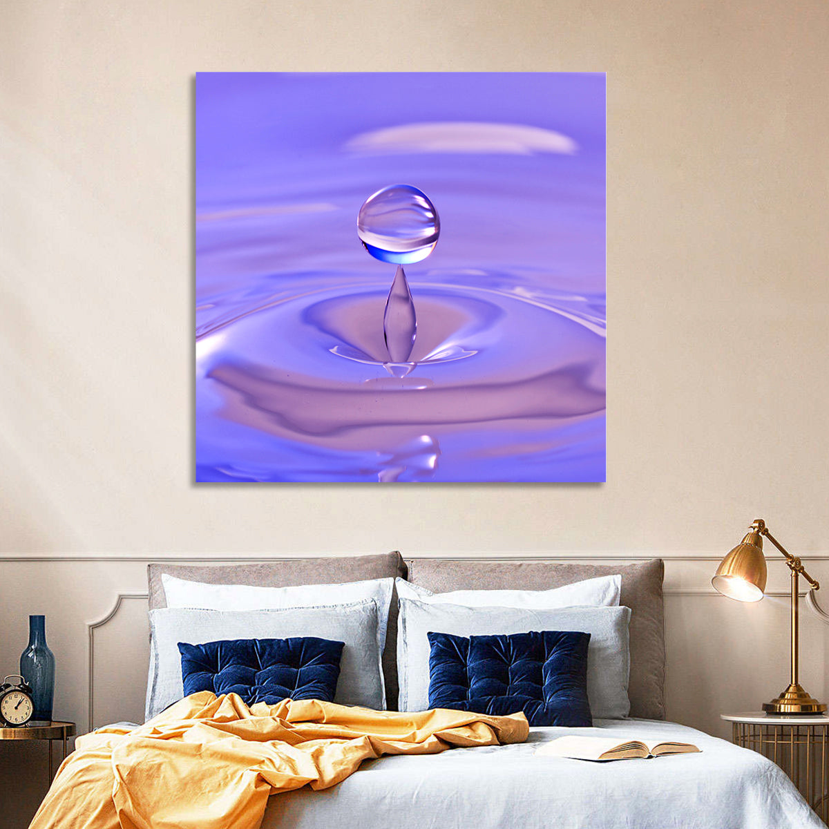 Purple Water Droplet Splash Wall Art in a room, square