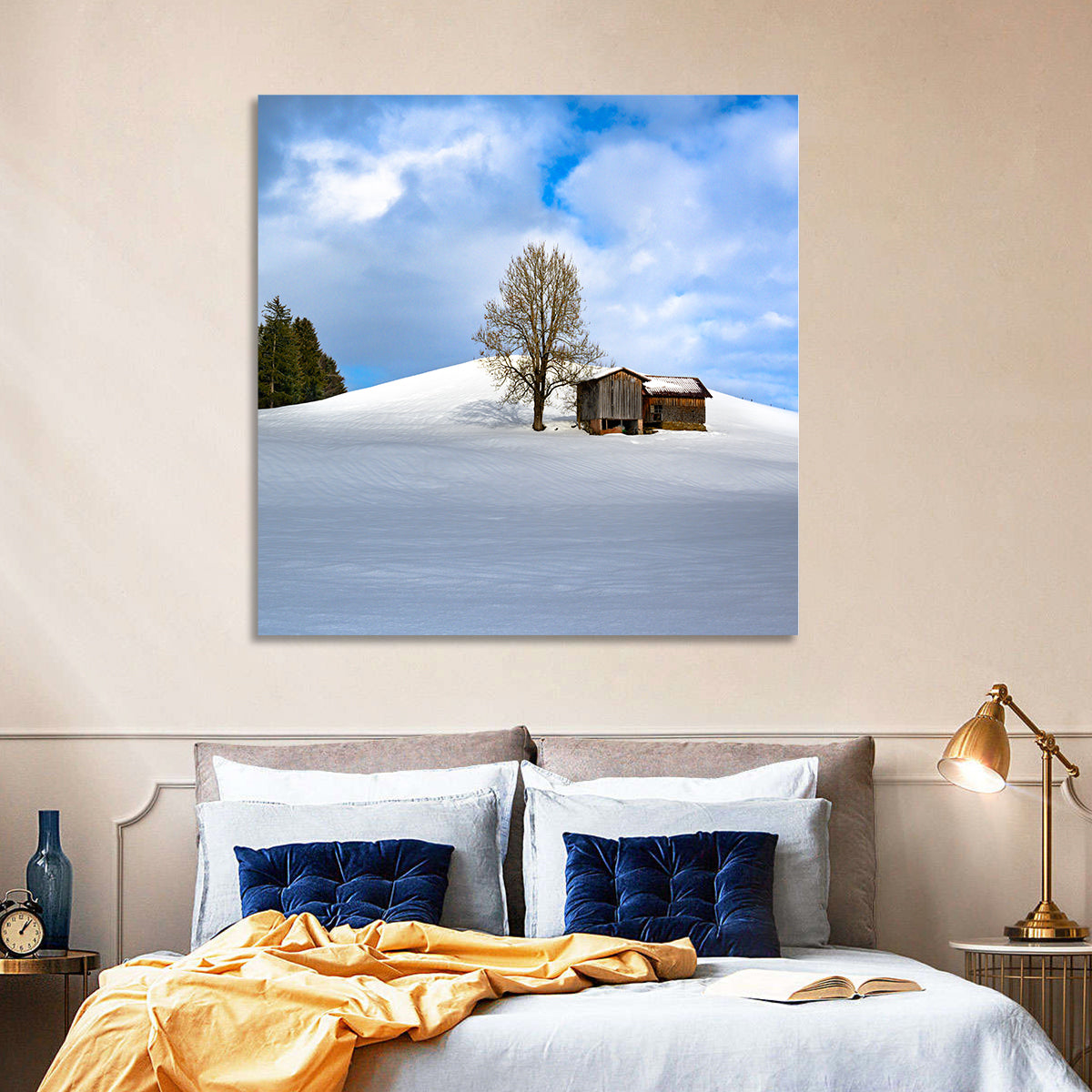 Rustic Barn on a Snowy Hill Wall Art in a room, square