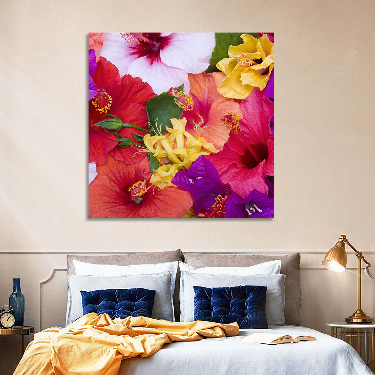 Tropical Bougainvillea and Hibiscus Bloom Wall Art in a room, square