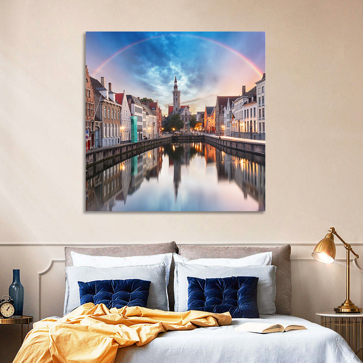 Bruges Twilight Rainbow Over Spiegelrei Canal Wall Art in a room, square