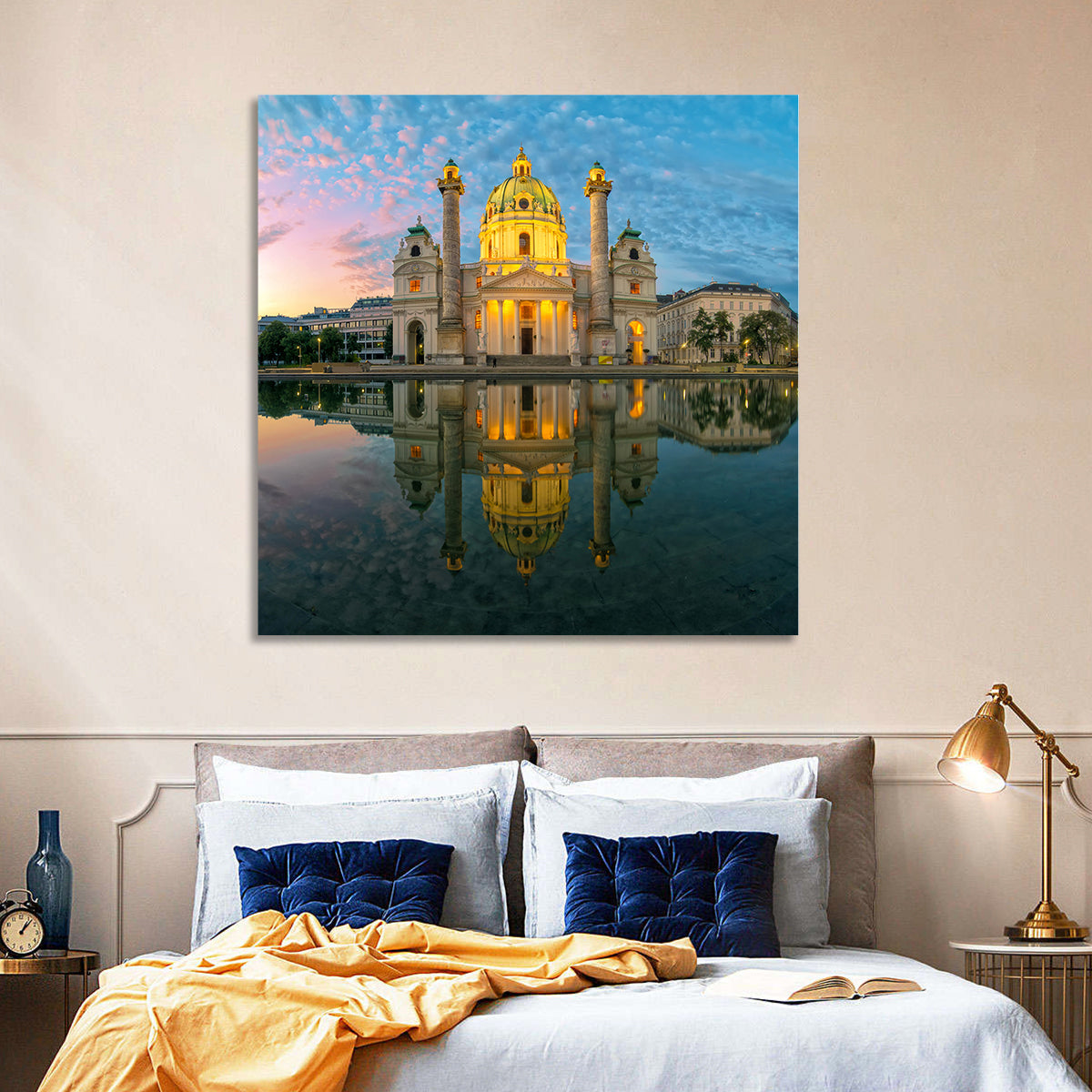 Karlskirche Golden Hour Reflection Wall Art in a room, square