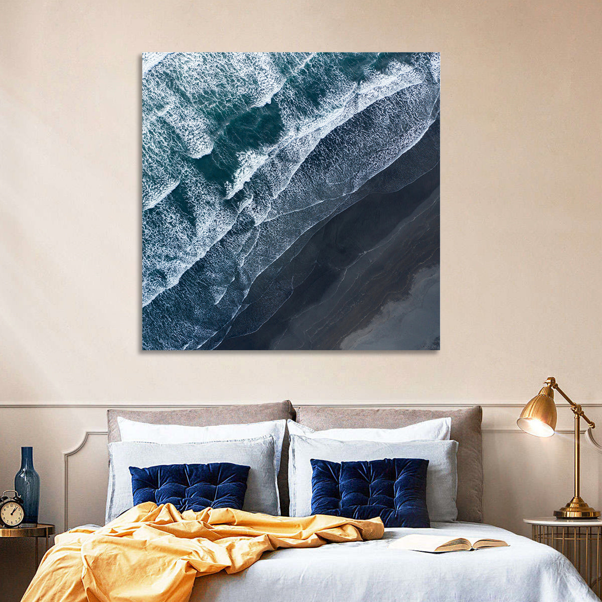 Volcanic Surf on Black Sand Wall Art in a room, square