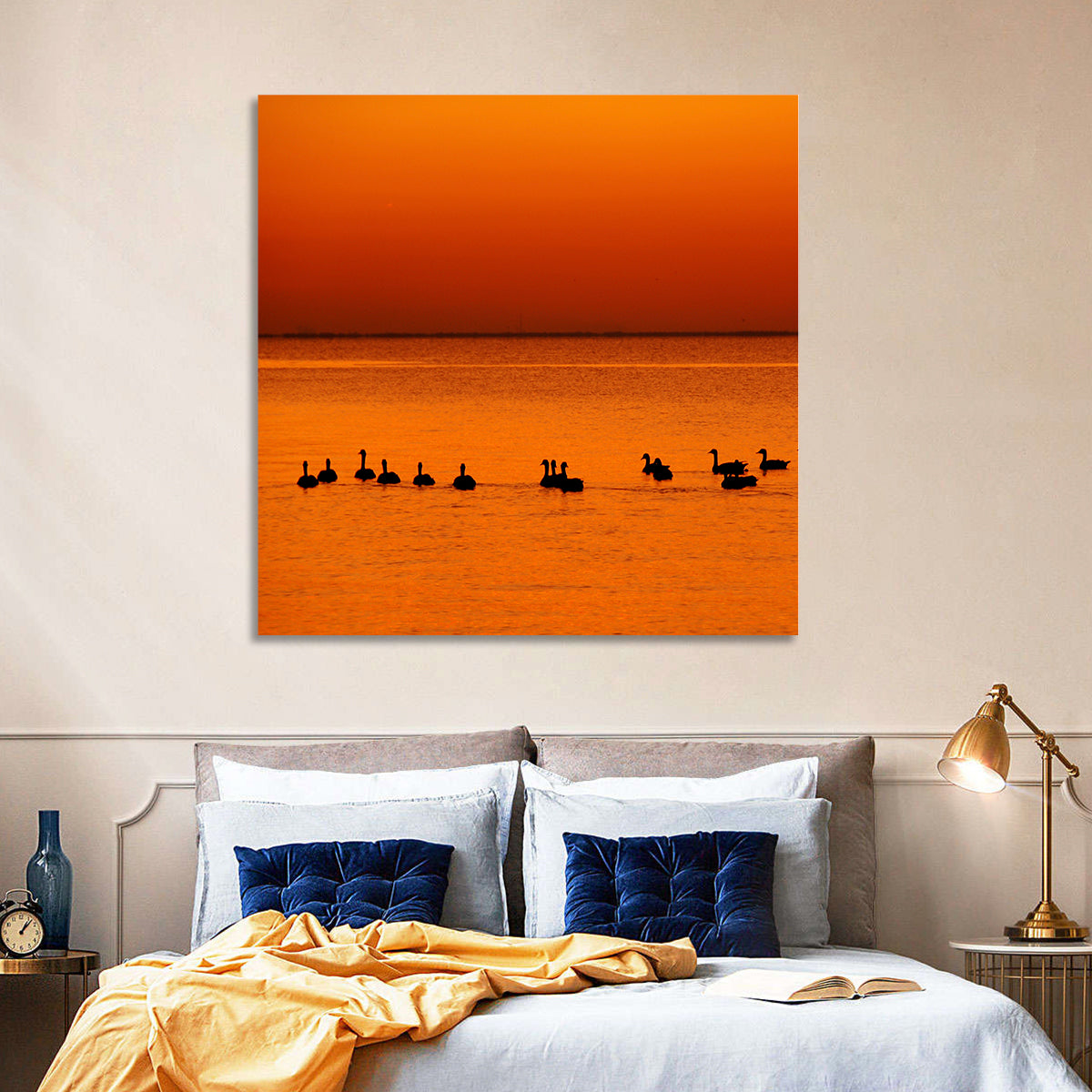 Geese Silhouettes at Orange Sunset Wall Art in a room, square