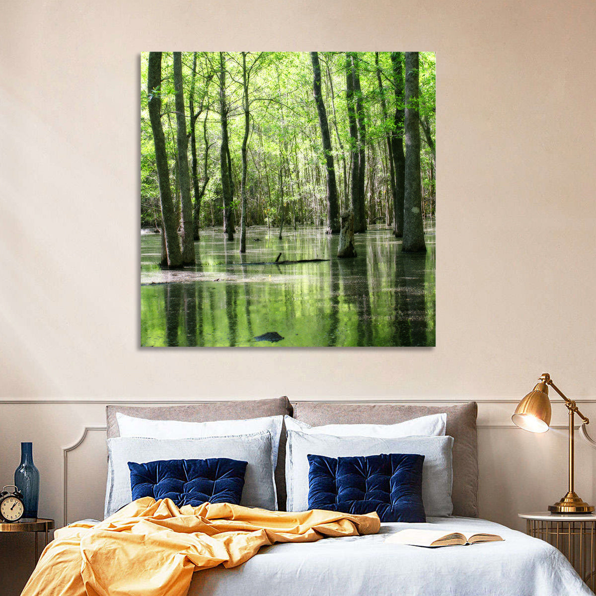 Sunlit Swamp Forest Wall Art in a room, square