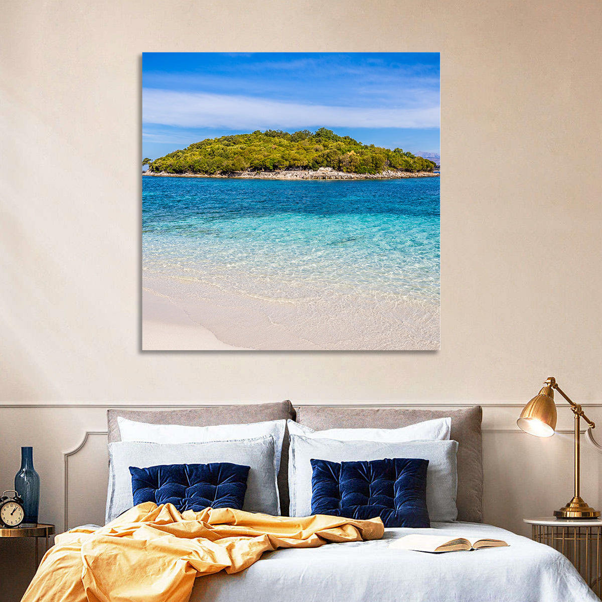 Butrint Turquoise Island Beach Wall Art in a room, square