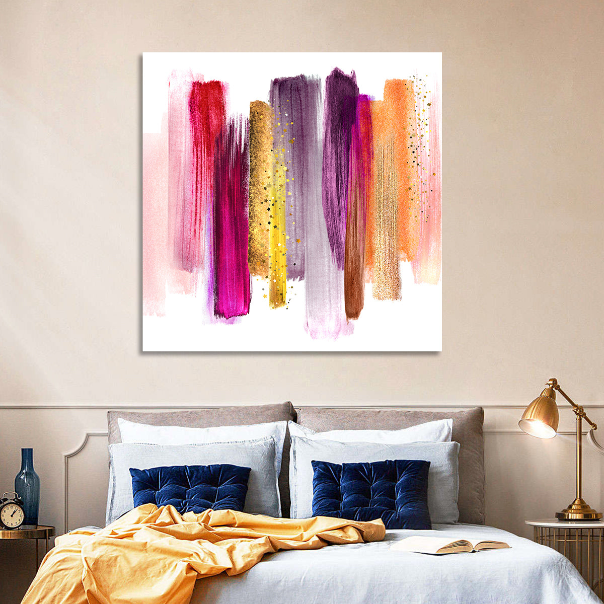 Fuchsia and Gold Brush Strokes Wall Art in a room, square