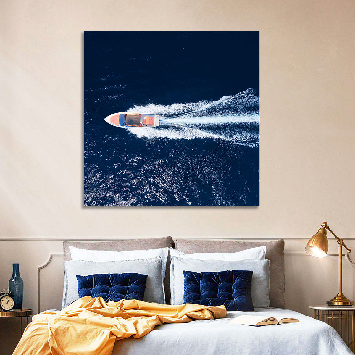 Sleek Speedboat Over Navy Sea Wall Art in a room, square