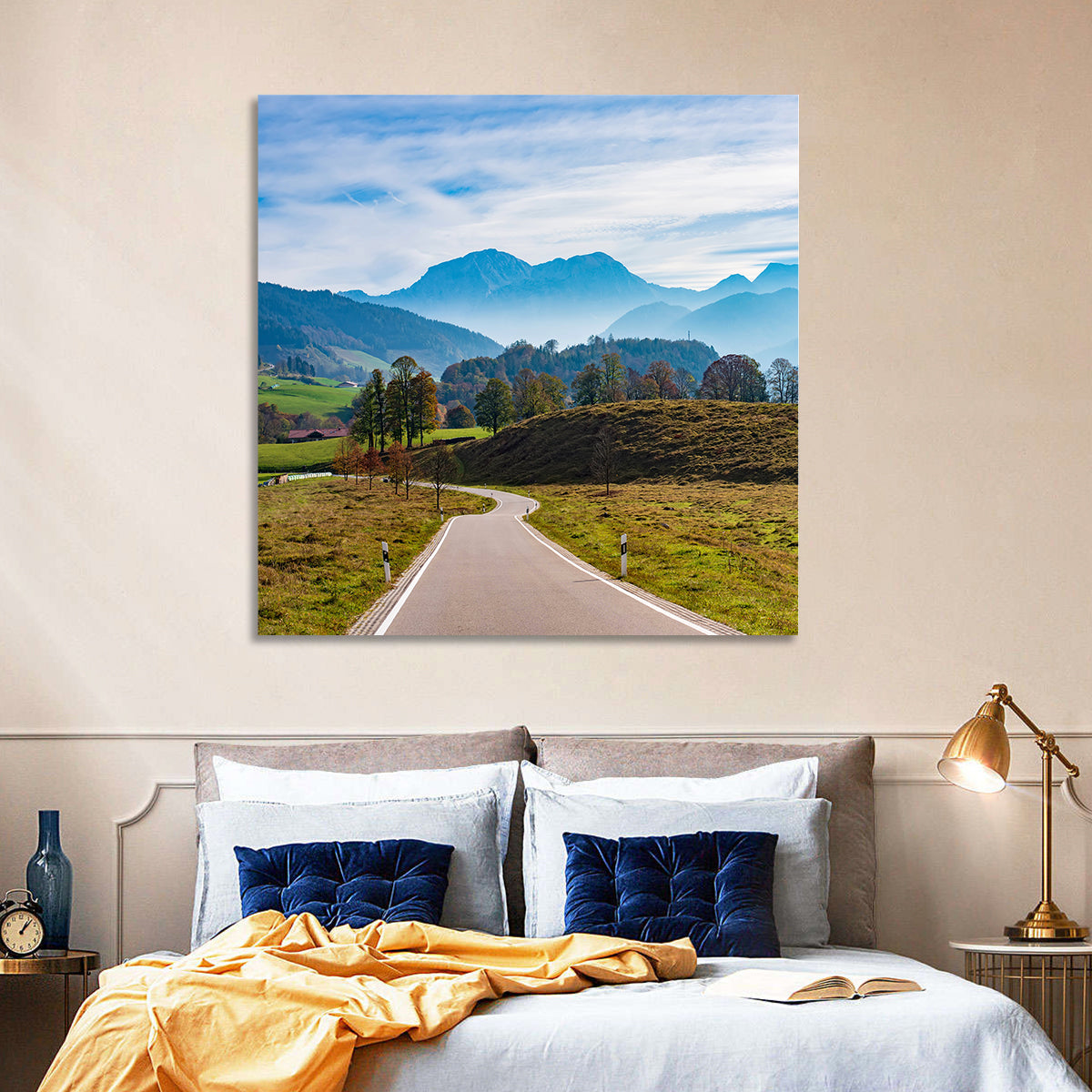 Bavarian Mountain Valley Wall Art in a room, square