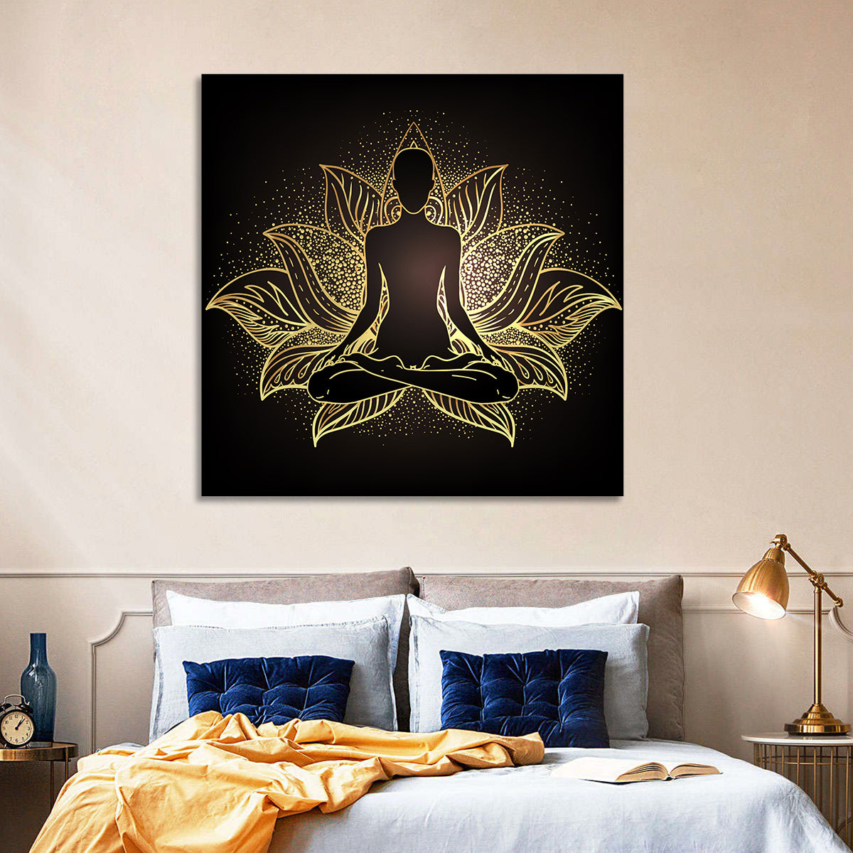 Golden Chakra Silhouette Wall Art in a room, square