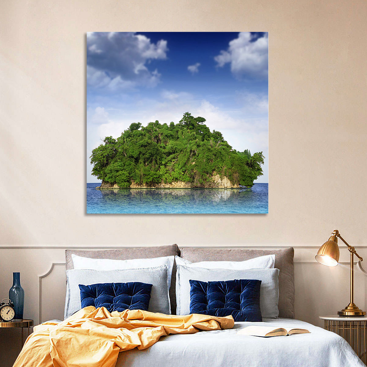 Tranquil Tropical Island Reflection Wall Art in a room, square