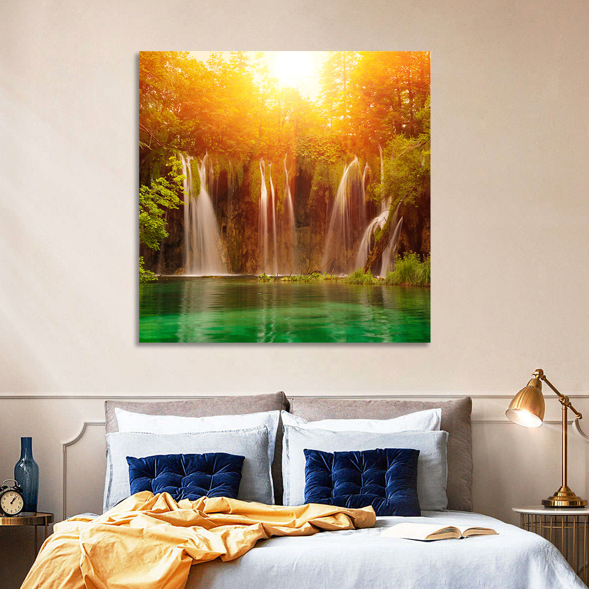 Plitvice Lakes Waterfalls Wall Art in a room, square
