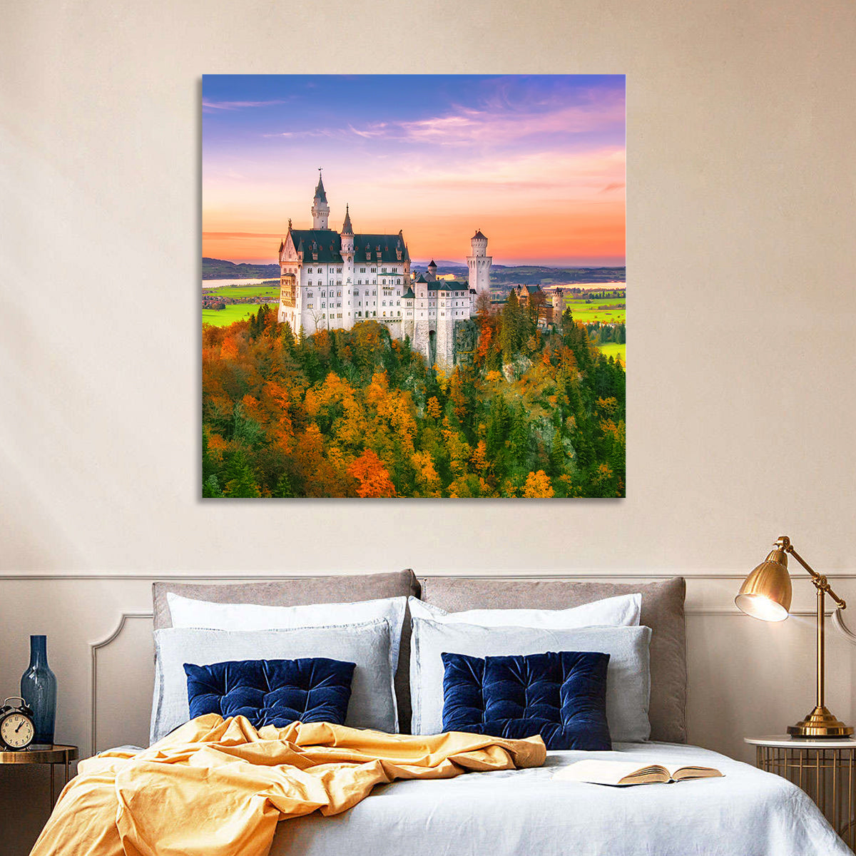 Neuschwanstein Castle at Autumn Sunset Wall Art in a room, square