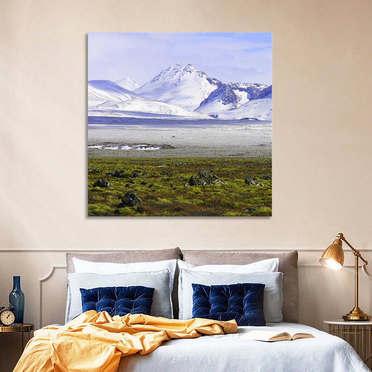 Icelandic Snow and Moss Landscape Wall Art in a room, square