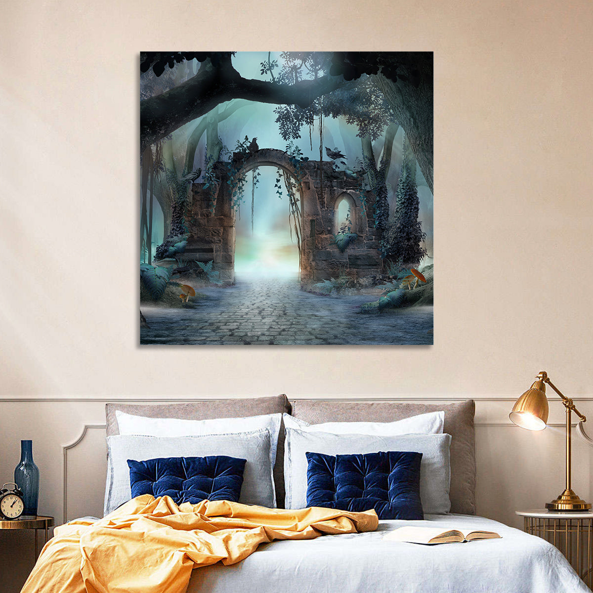Enchanted Foggy Forest Wall Art in a room, square