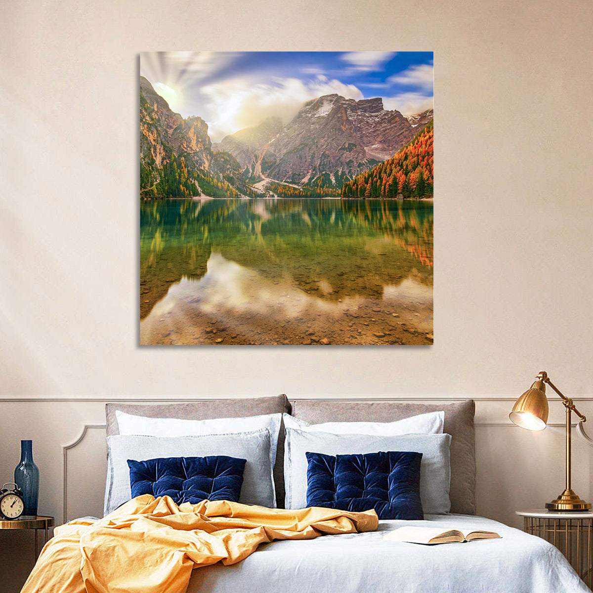 Lago Di Braies Sunrise Wall Art in a room, square