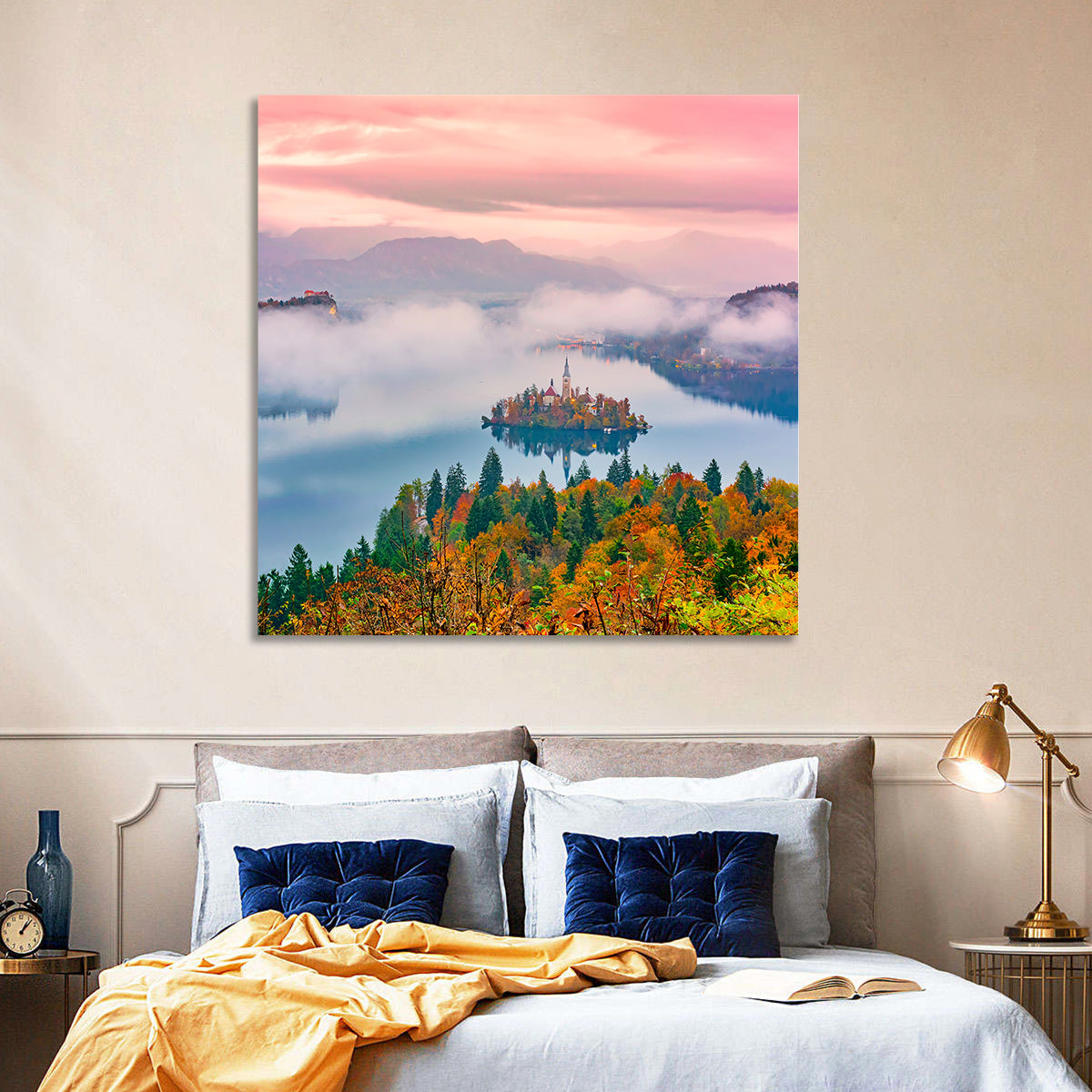 Misty Morning Over Lake Bled Wall Art in a room, square