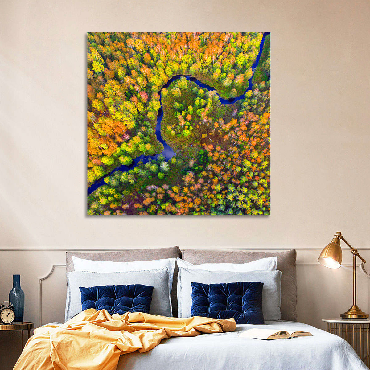 Winding Autumn River Wall Art in a room, square