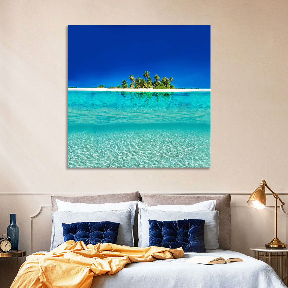 Tranquil Split-level Tropical Island Seascape Wall Art in a room, square
