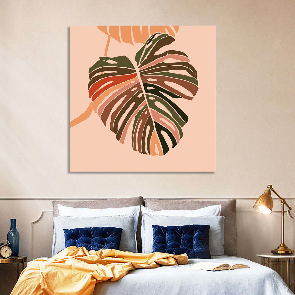 Monstera Leaf Abstract Wall Art in a room, square