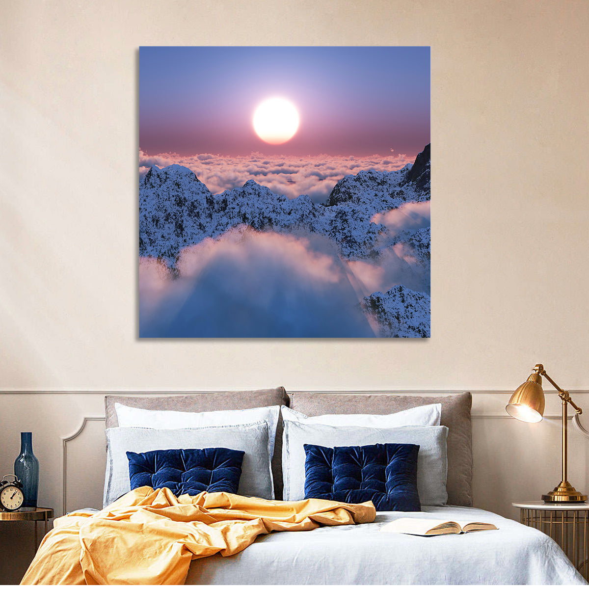 Sunset Above Snowy Mountains Wall Art in a room, square
