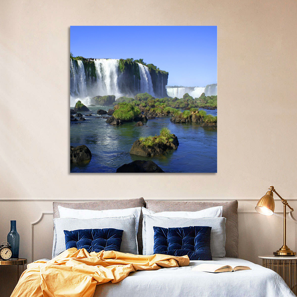 Iguazu Falls Mossy Rocks Wall Art in a room, square