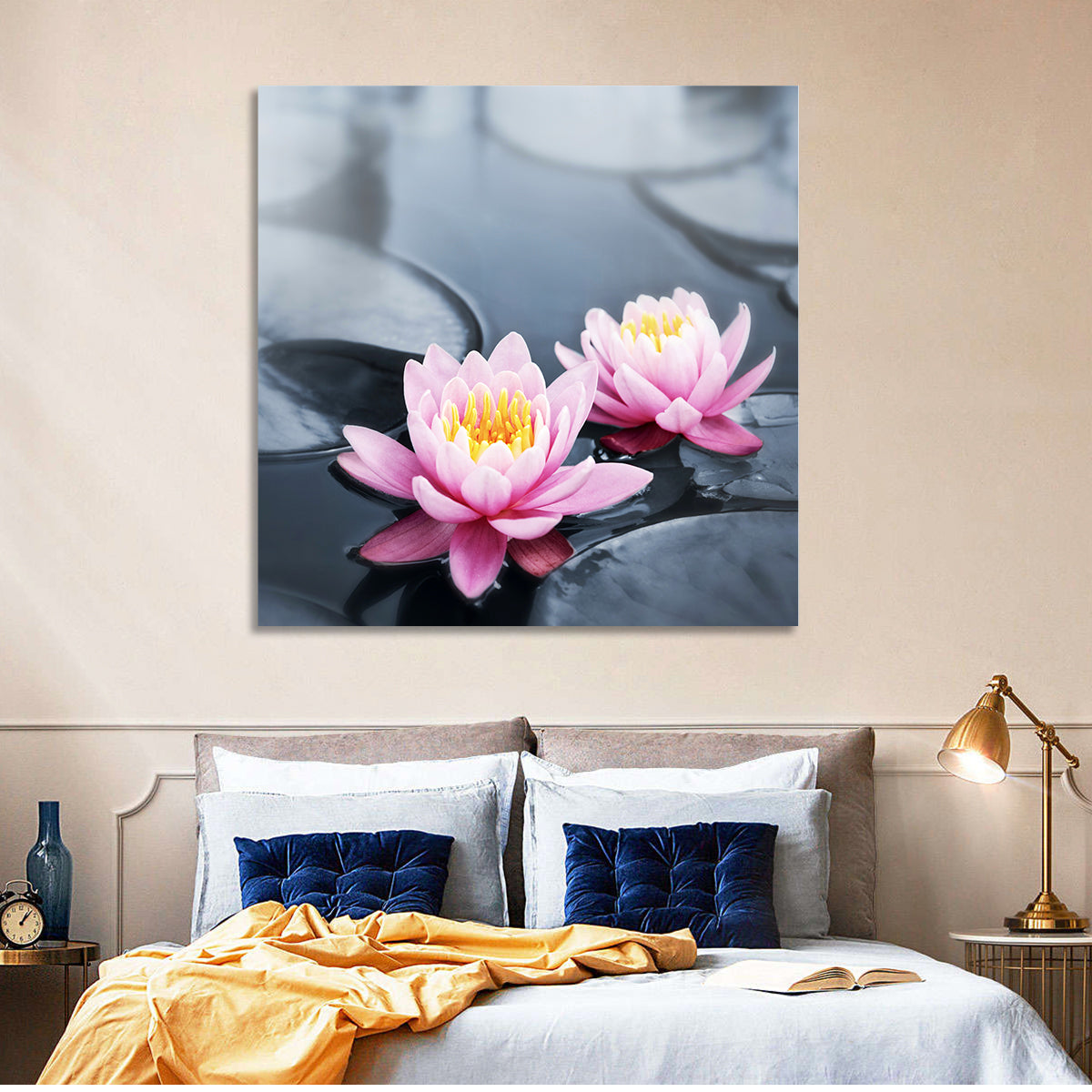 Pink Water Lilies Wall Art in a room, square