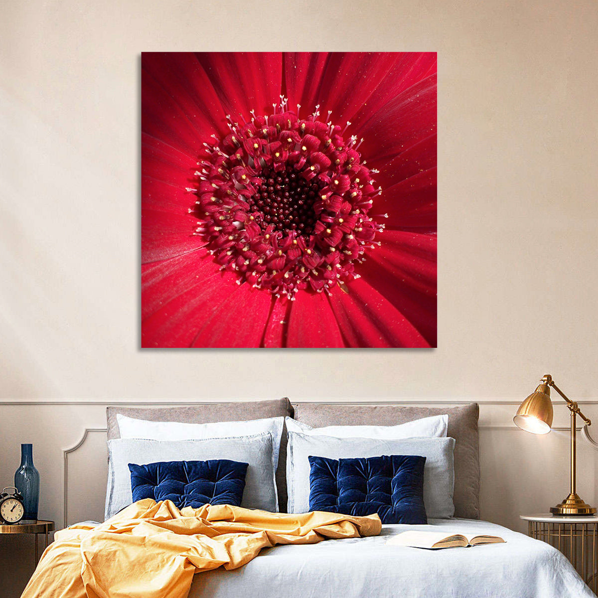 Red Gerbera Daisy Macro Close Up Wall Art in a room, square