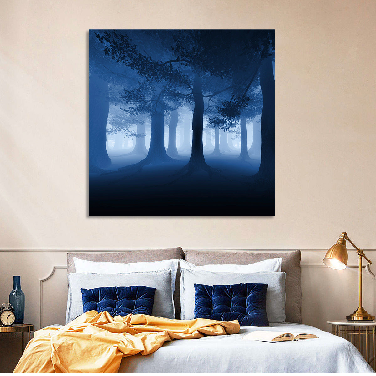 Midnight Blue Forest Wall Art in a room, square
